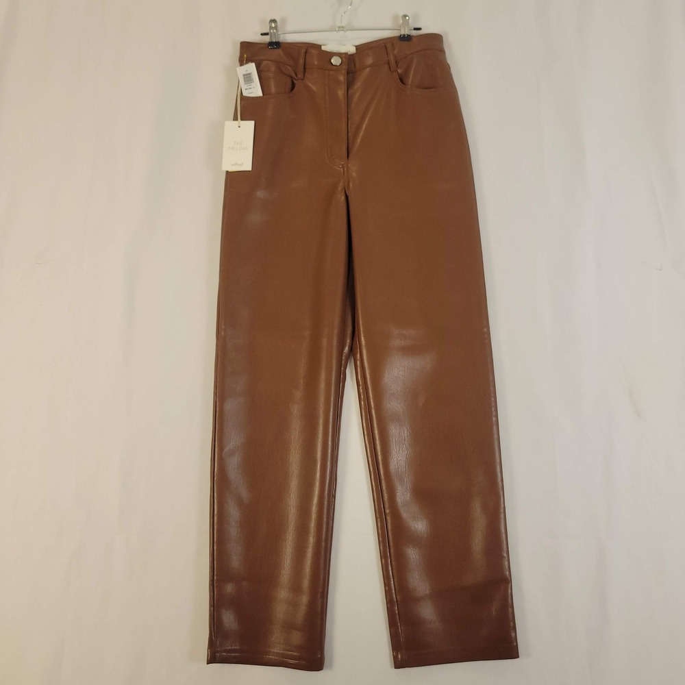 Wilfred The Melina Vegan Leather Pants Cognac Brown High Rise Straight Leg 8 NWT